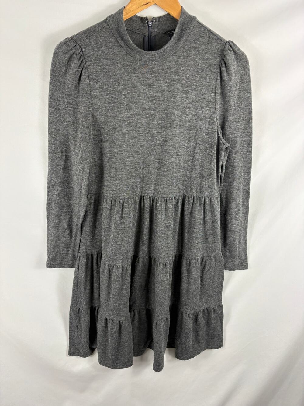 Ann Taylor Mock Neck Tiered Long Sleeve Grey Dress Size SP